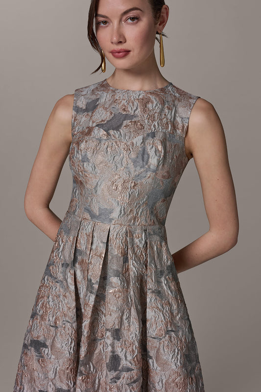 SLEEVELESS FLORAL MIDI FIT AND FLARE GOWN