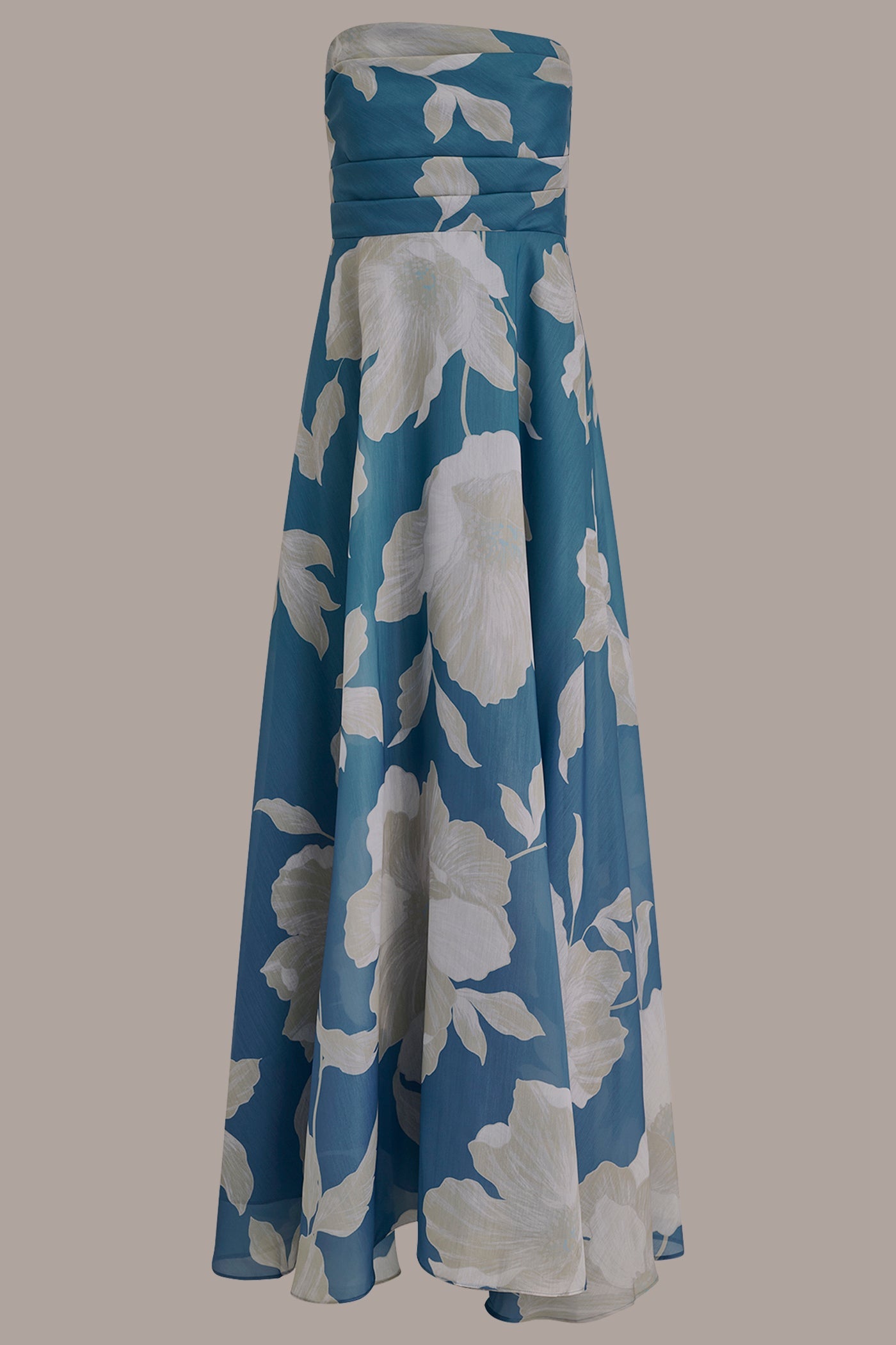 ORGANZA STRAPLESS FLORAL PLEATED GOWN