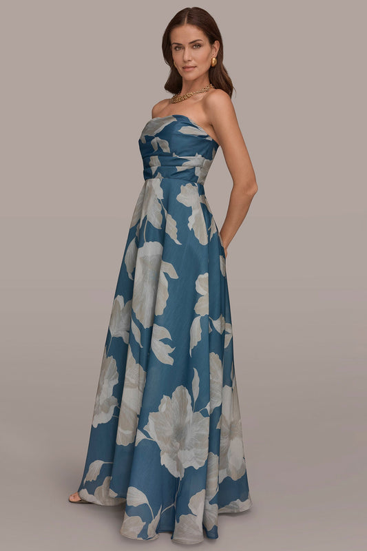 ORGANZA STRAPLESS FLORAL PLEATED GOWN