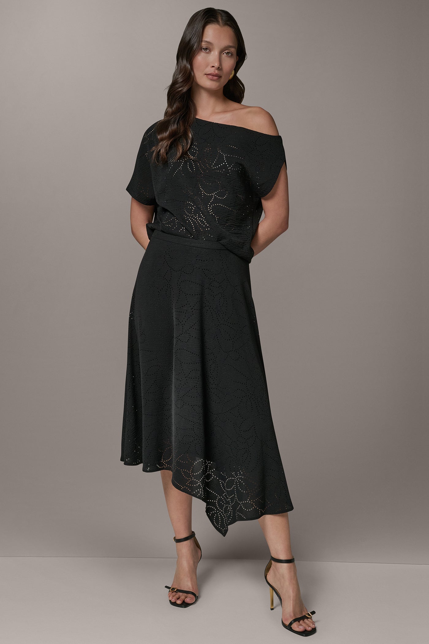LASER CUT ASYMMETRIC MIDI SKIRT