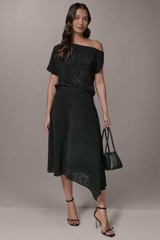 LASER CUT ASYMMETRIC MIDI SKIRT