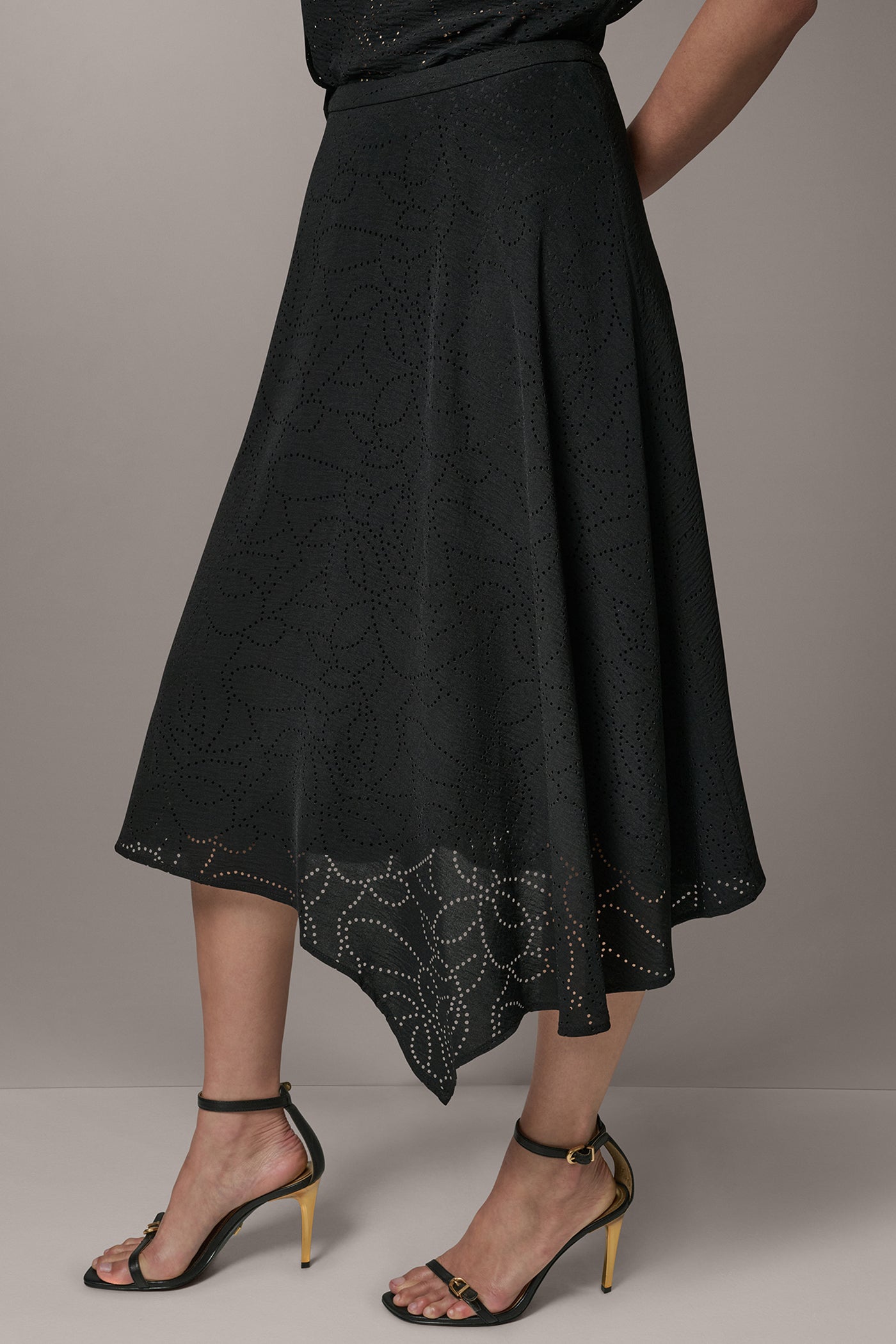 LASER CUT ASYMMETRIC MIDI SKIRT