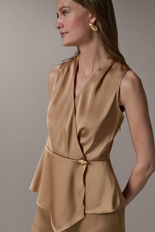 SLEEVELESS WRAP-EFFECT ASYMMETRIC PEPLUM BLOUSE