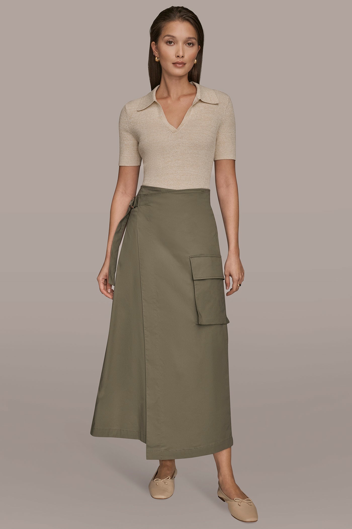ASYMMETRIC MIDI WRAP CARGO SKIRT