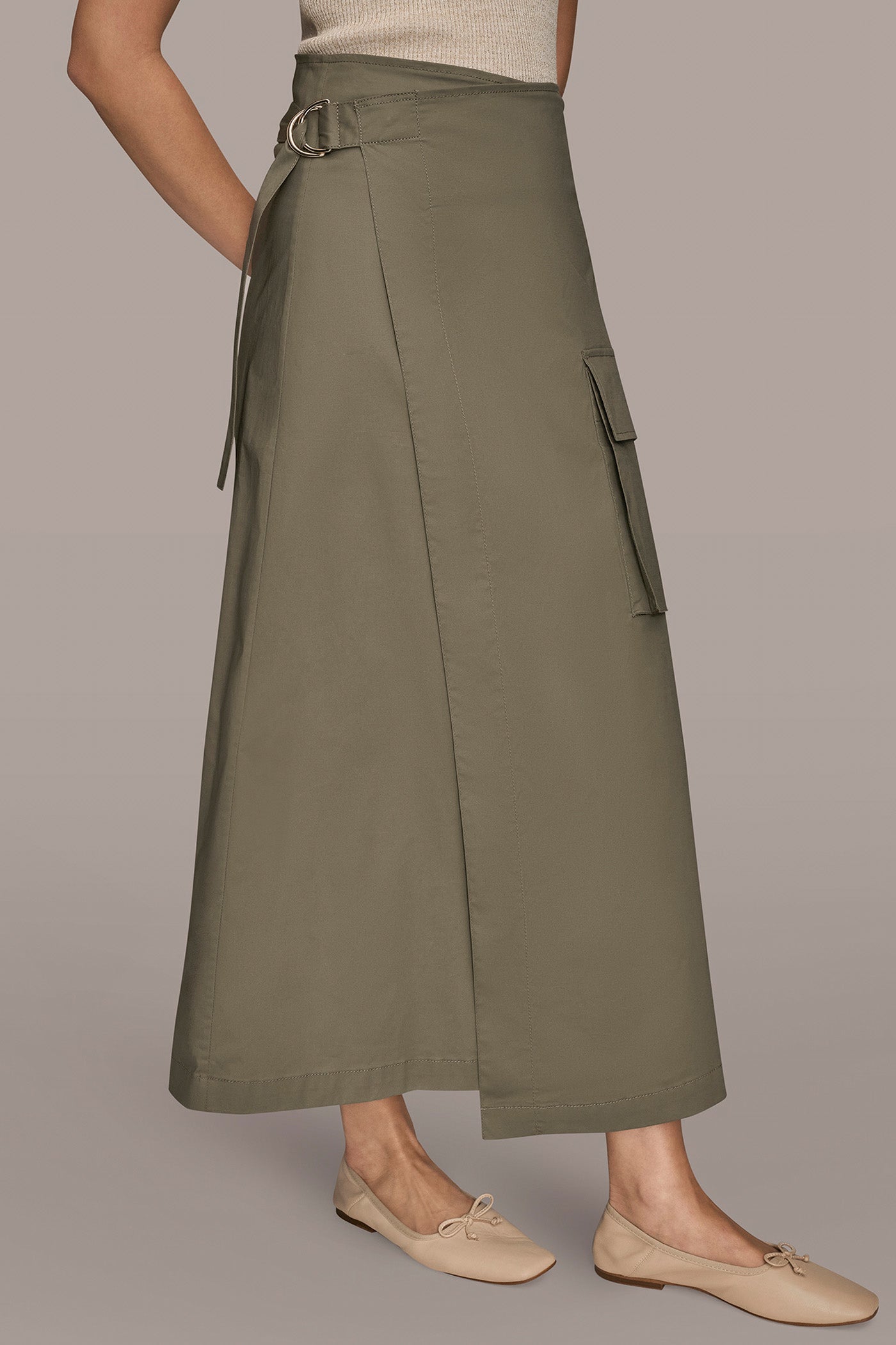 ASYMMETRIC MIDI WRAP CARGO SKIRT