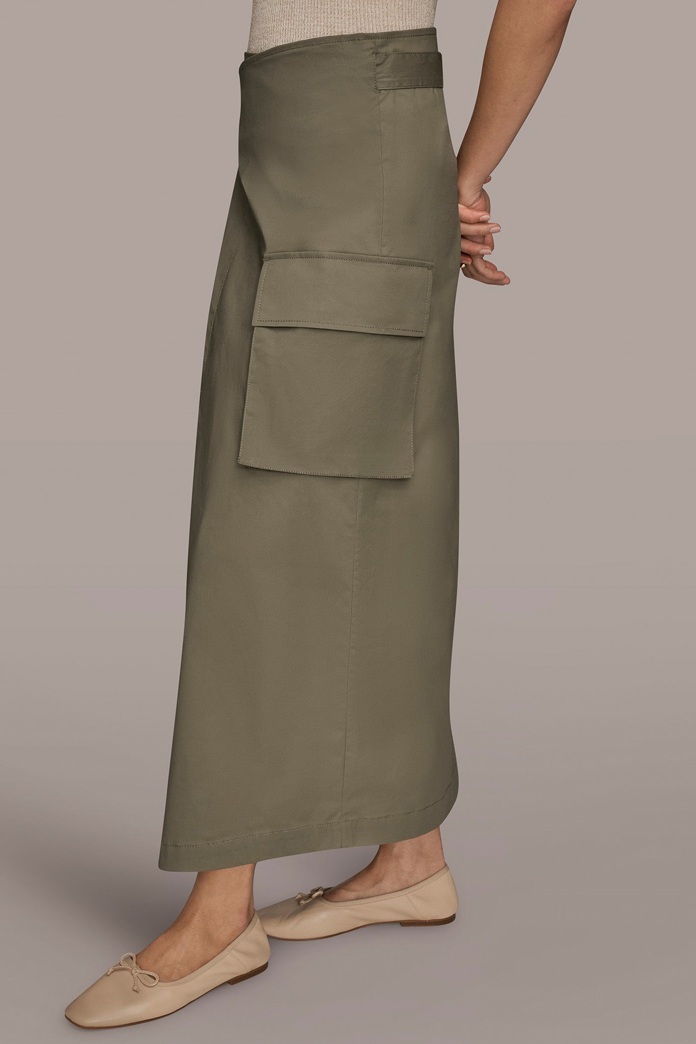 ASYMMETRIC MIDI WRAP CARGO SKIRT