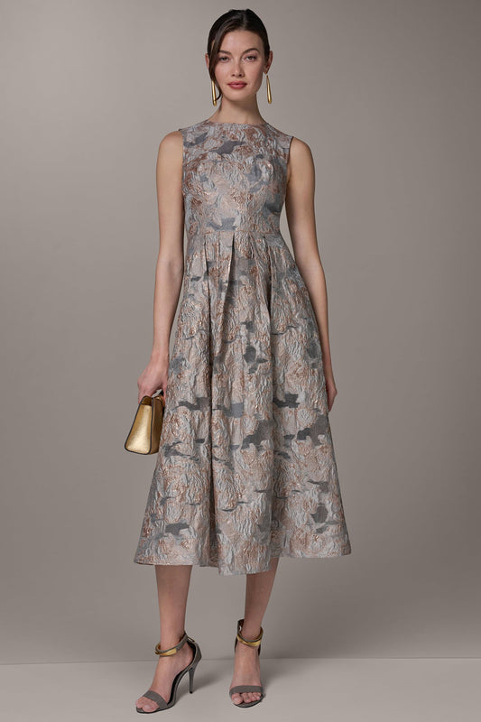 SLEEVELESS FLORAL MIDI FIT AND FLARE GOWN