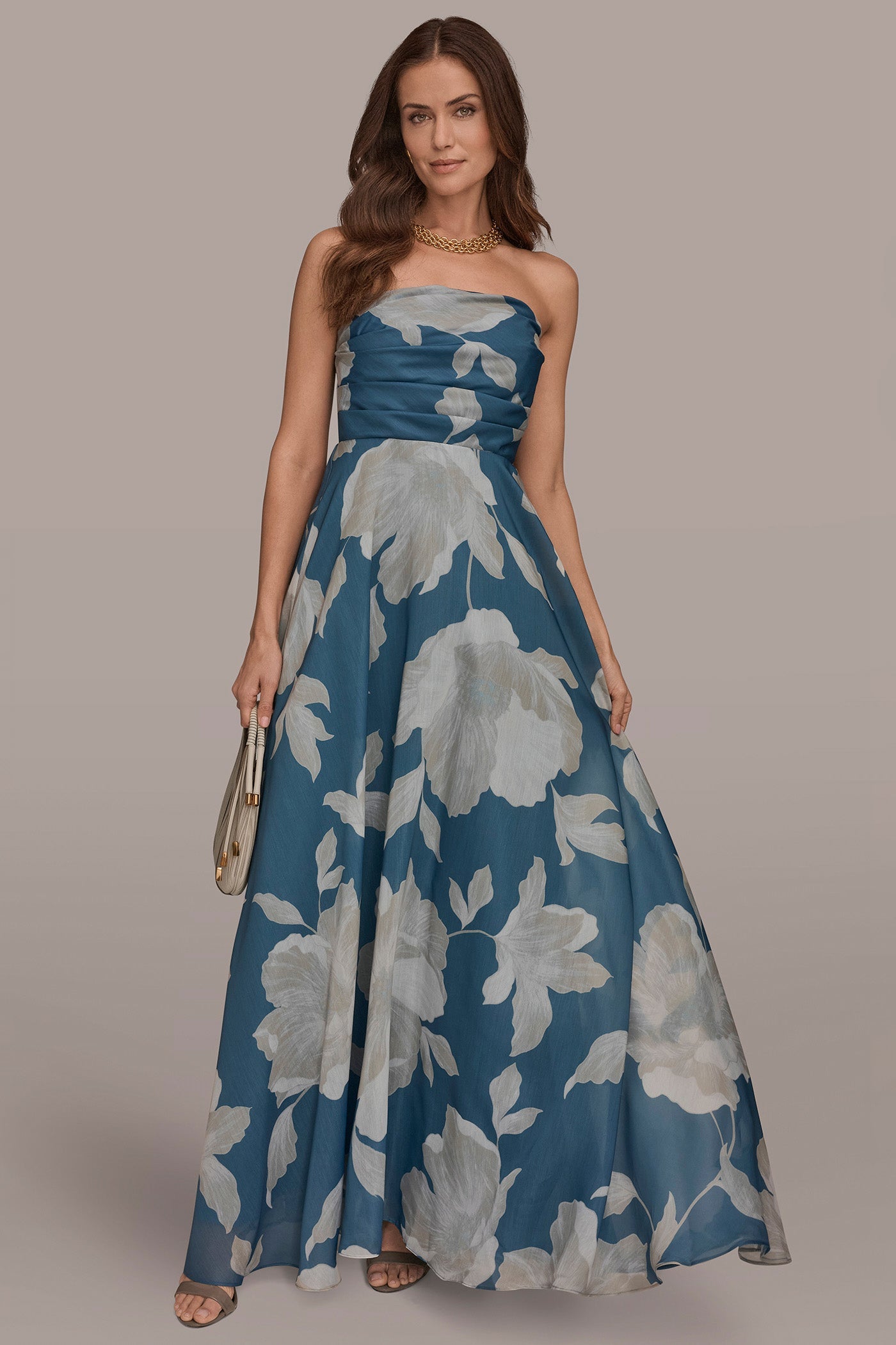 ORGANZA STRAPLESS FLORAL PLEATED GOWN