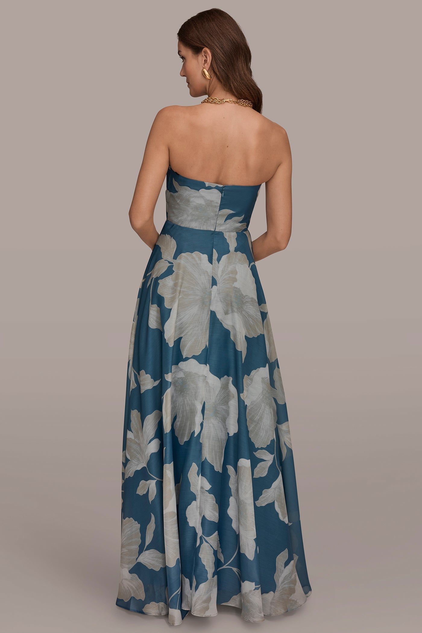 ORGANZA STRAPLESS FLORAL PLEATED GOWN
