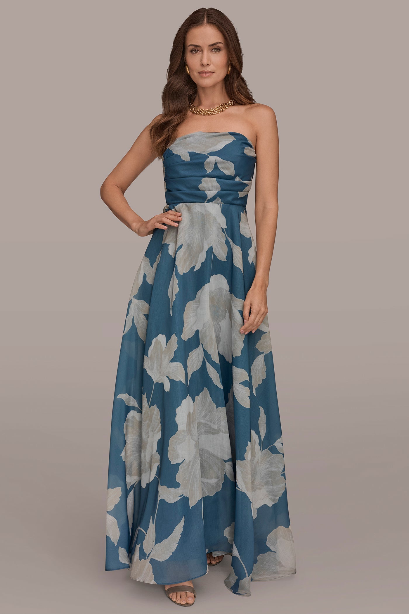 ORGANZA STRAPLESS FLORAL PLEATED GOWN