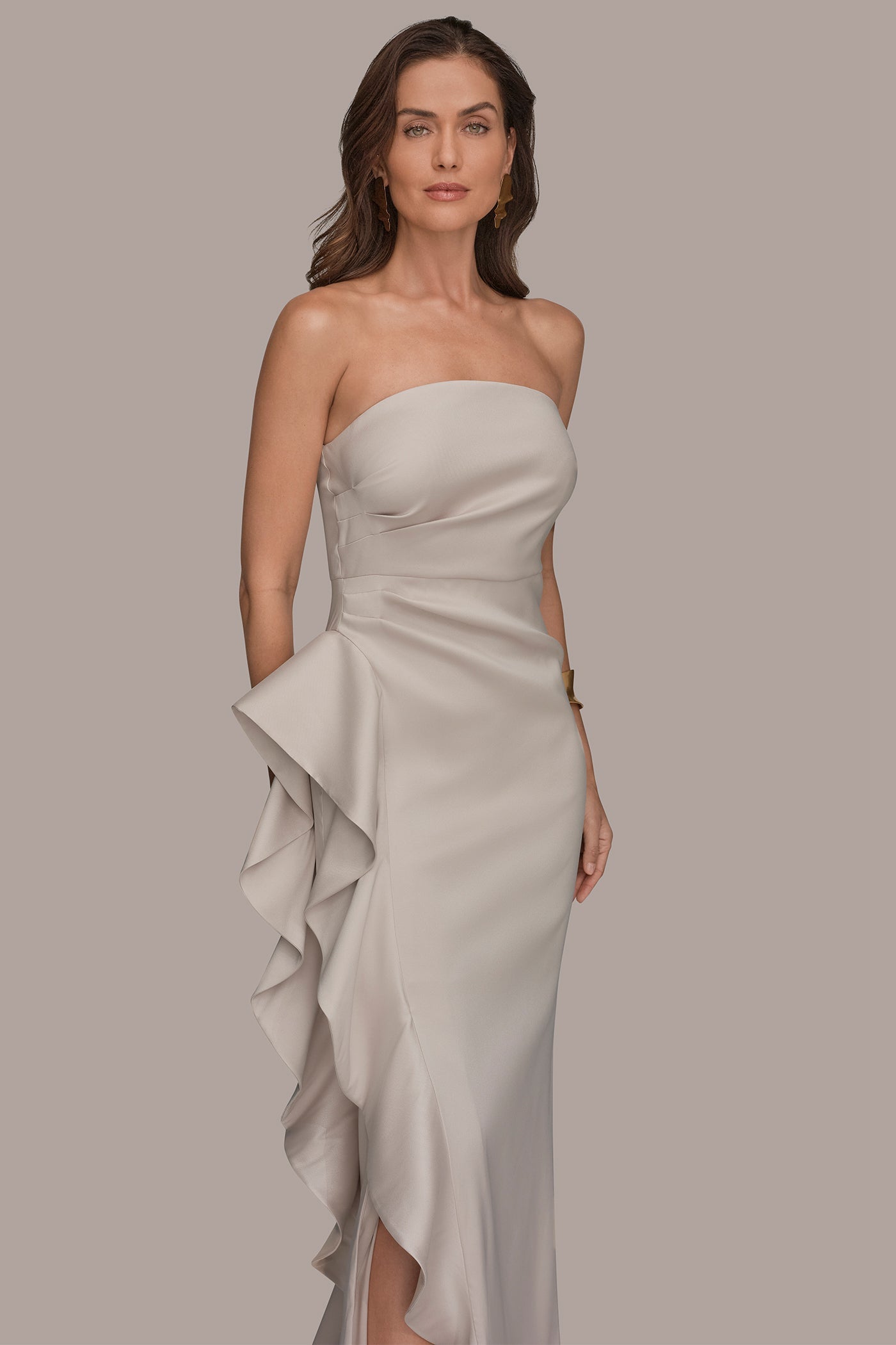 TAFFETA STRAPLESS RUFFLE GOWN