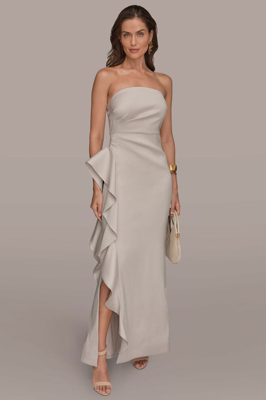 TAFFETA STRAPLESS RUFFLE GOWN