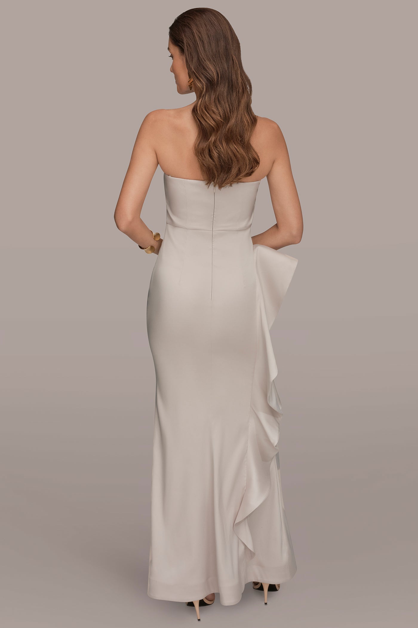 TAFFETA STRAPLESS RUFFLE GOWN