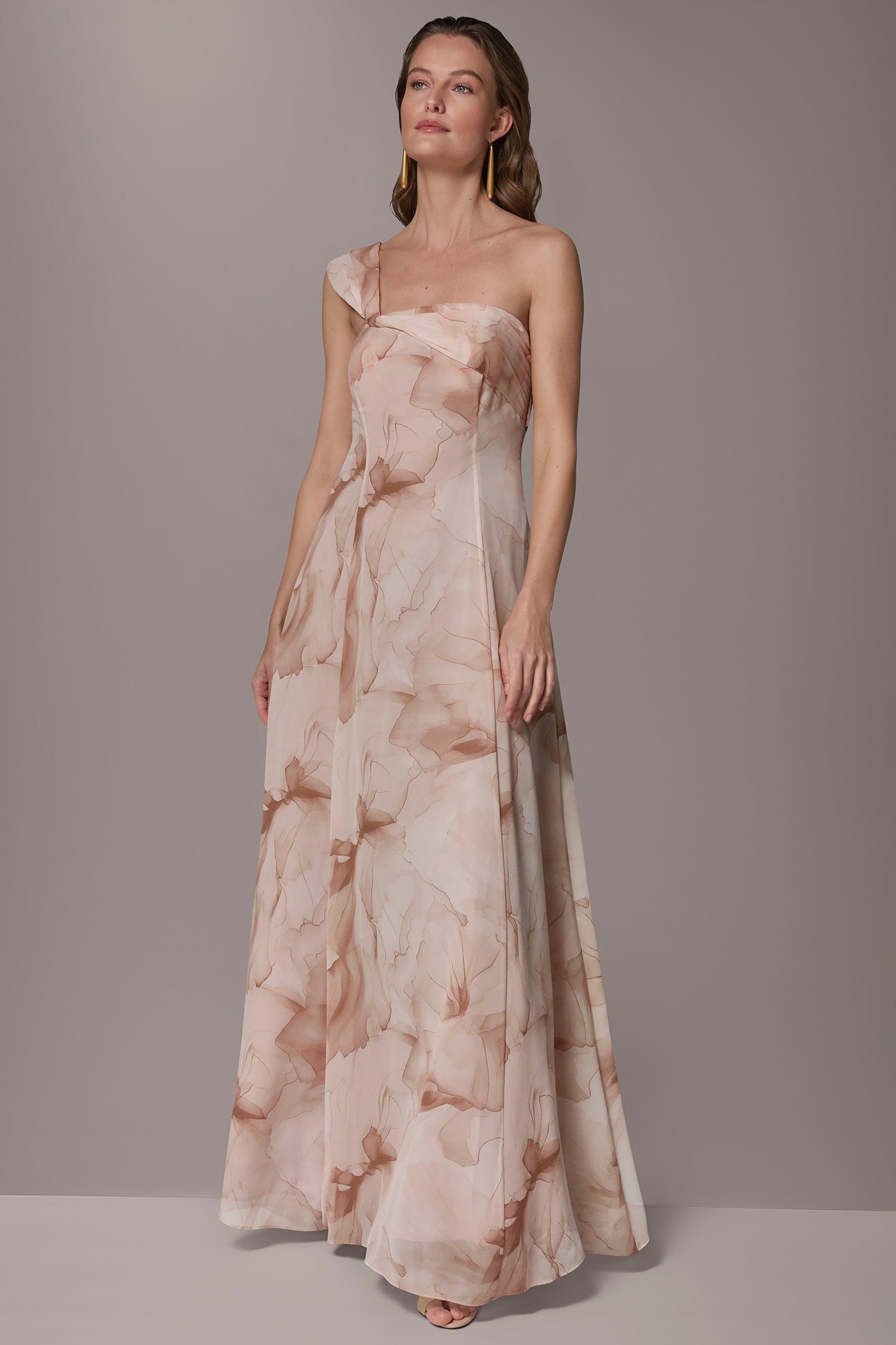 CHIFFON FLORAL ONE-SHOULDER TWIST BALL GOWN