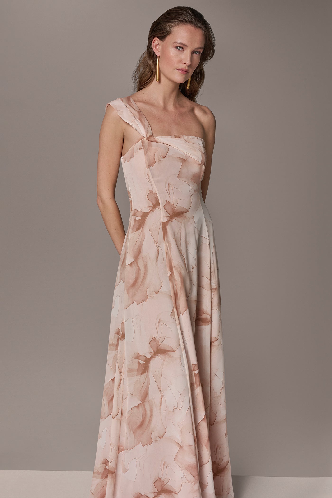 CHIFFON FLORAL ONE-SHOULDER TWIST BALL GOWN