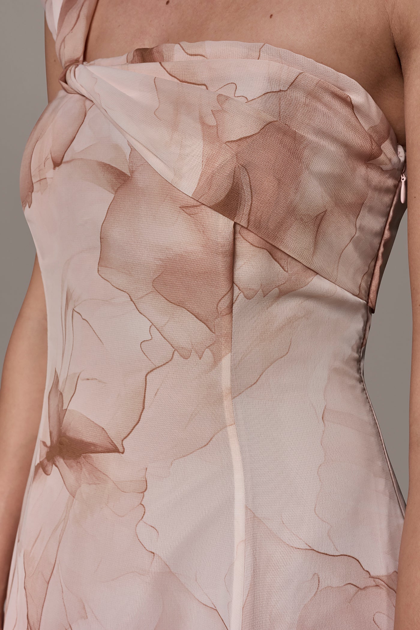 CHIFFON FLORAL ONE-SHOULDER TWIST BALL GOWN