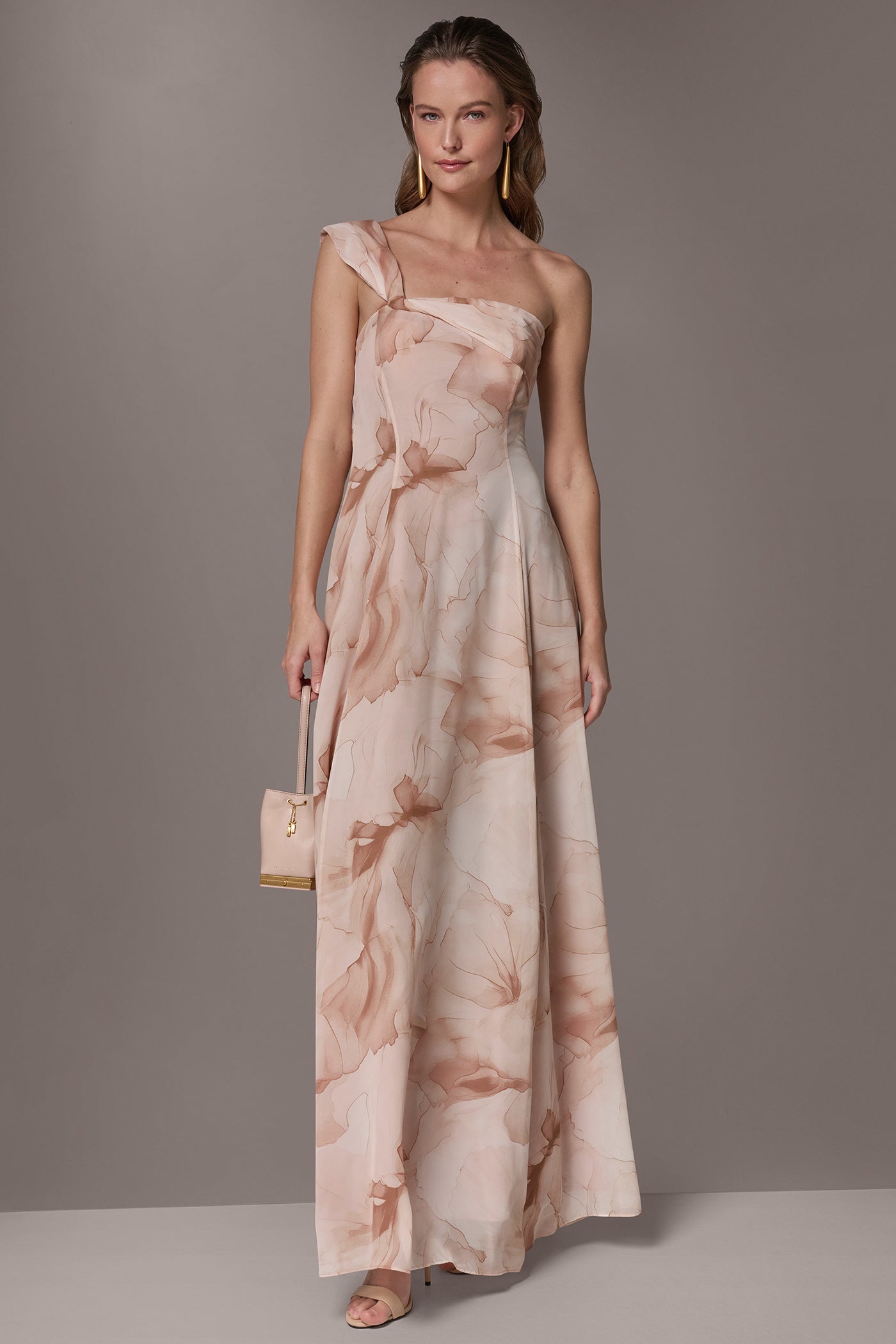 CHIFFON FLORAL ONE-SHOULDER TWIST BALL GOWN
