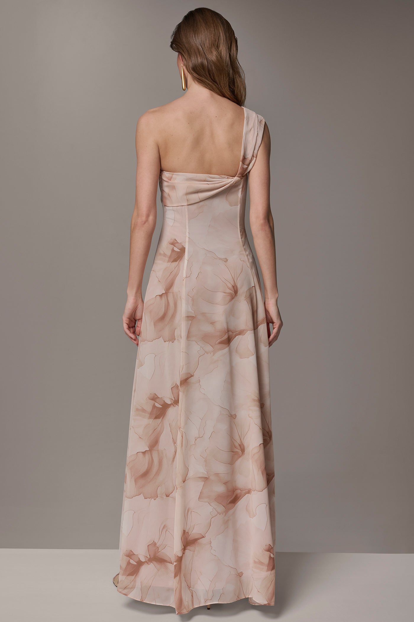 CHIFFON FLORAL ONE-SHOULDER TWIST BALL GOWN