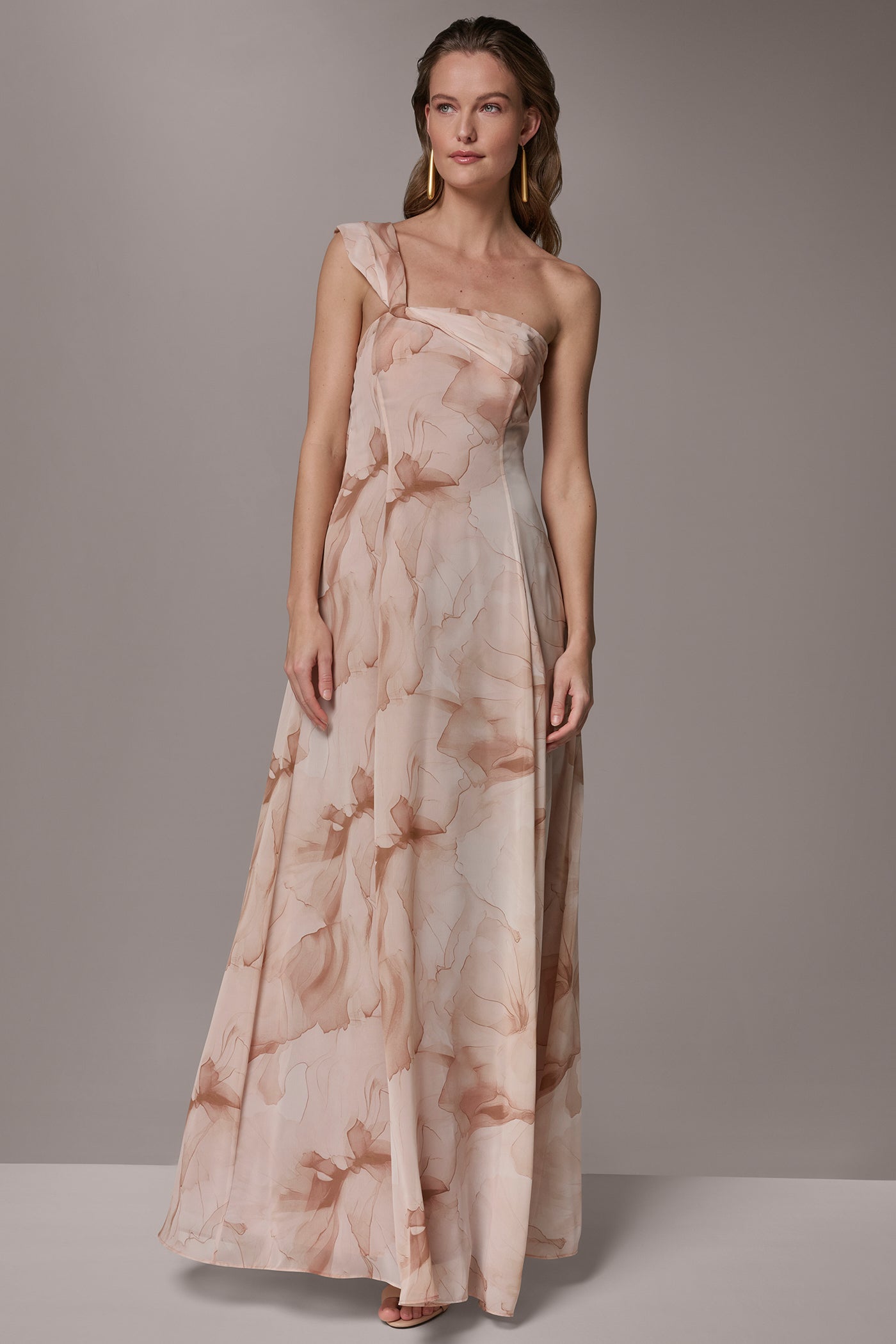 CHIFFON FLORAL ONE-SHOULDER TWIST BALL GOWN