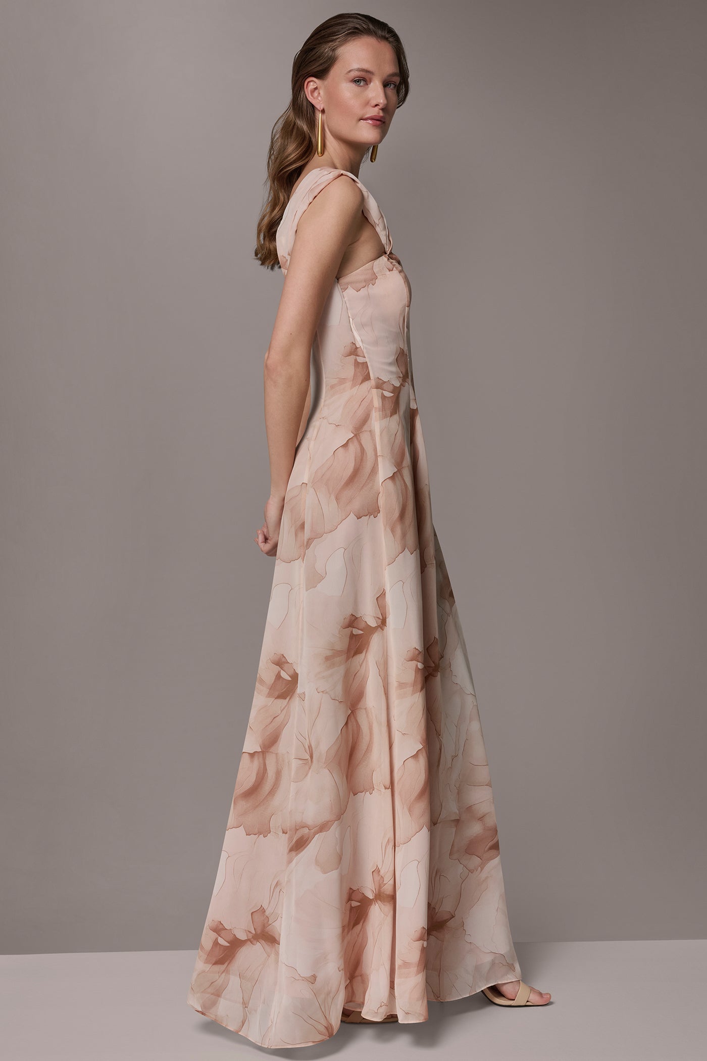 CHIFFON FLORAL ONE-SHOULDER TWIST BALL GOWN