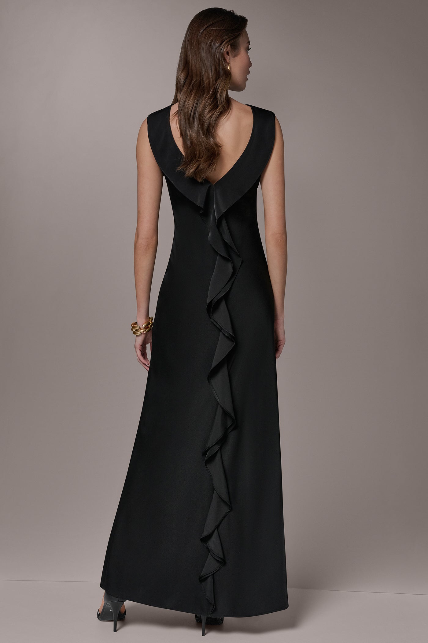 SATIN RUFFLE BACK GOWN