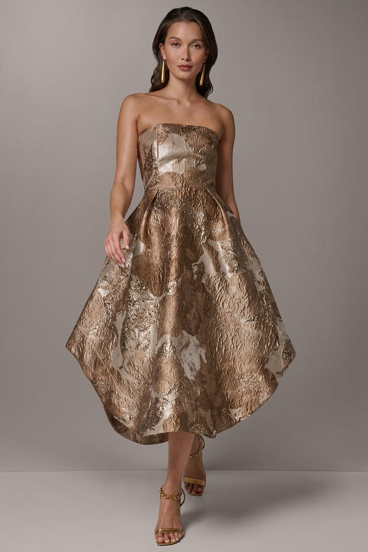 BROCADE STRAPLESS PLEATED MIDI GOWN