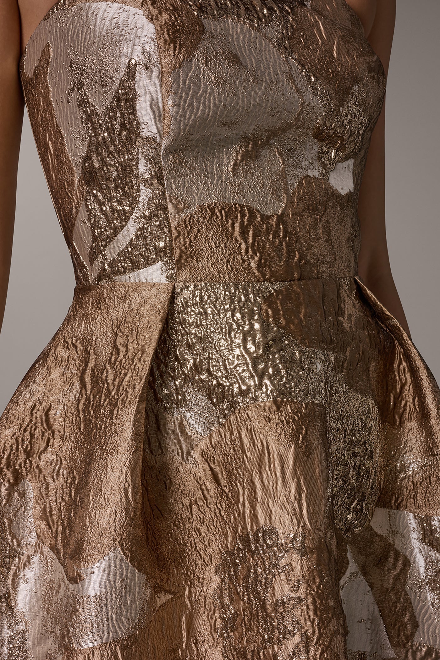 BROCADE STRAPLESS PLEATED MIDI GOWN