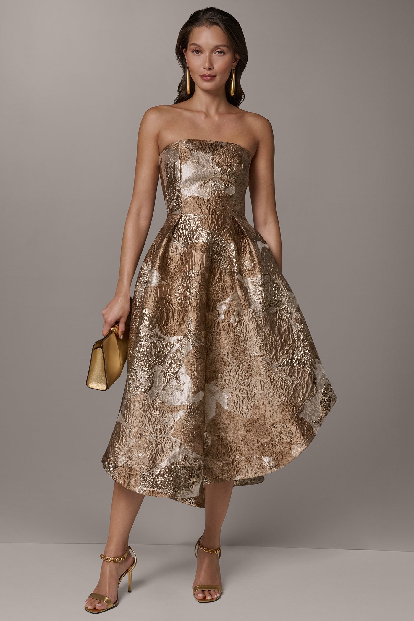 BROCADE STRAPLESS PLEATED MIDI GOWN