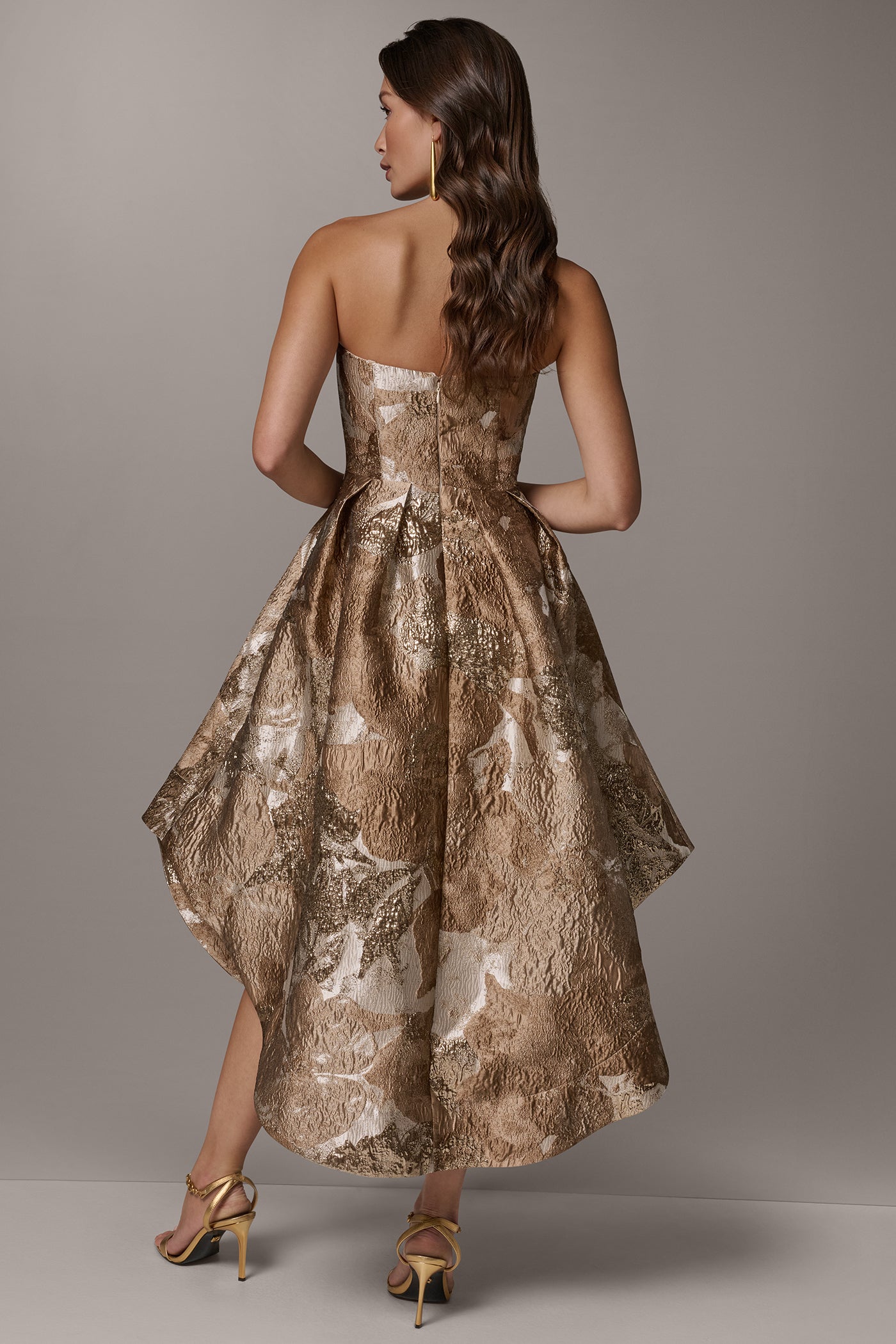 BROCADE STRAPLESS PLEATED MIDI GOWN