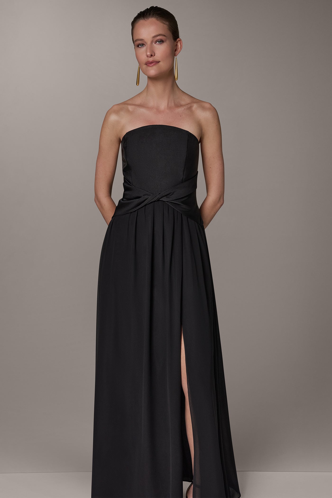 MIKADO AND CHIFFON STRAPLESS TWIST GOWN