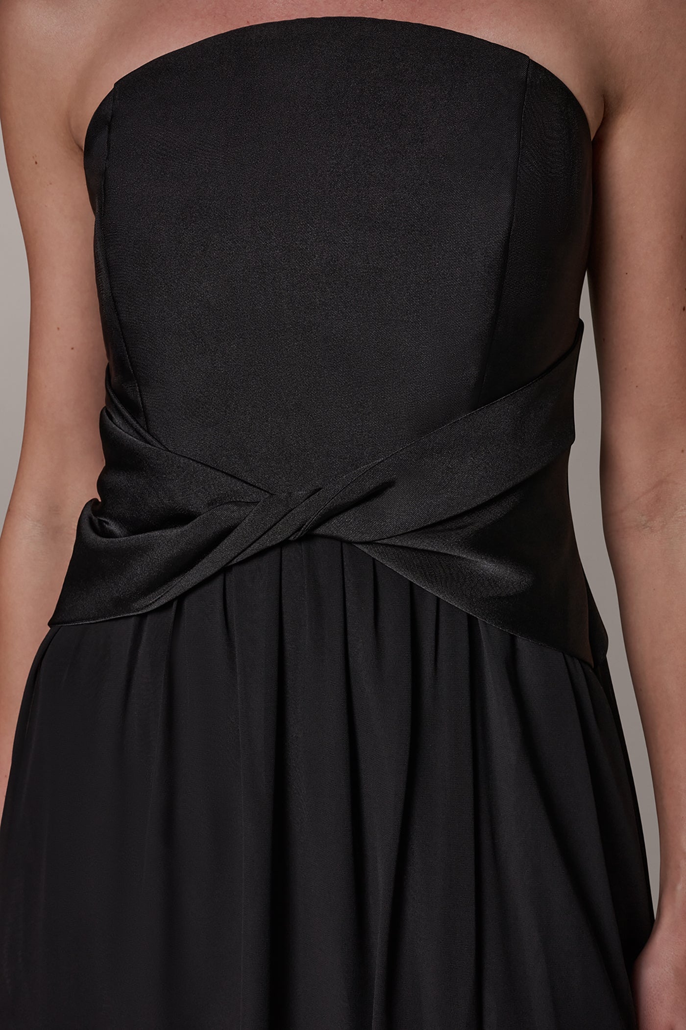 MIKADO AND CHIFFON STRAPLESS TWIST GOWN