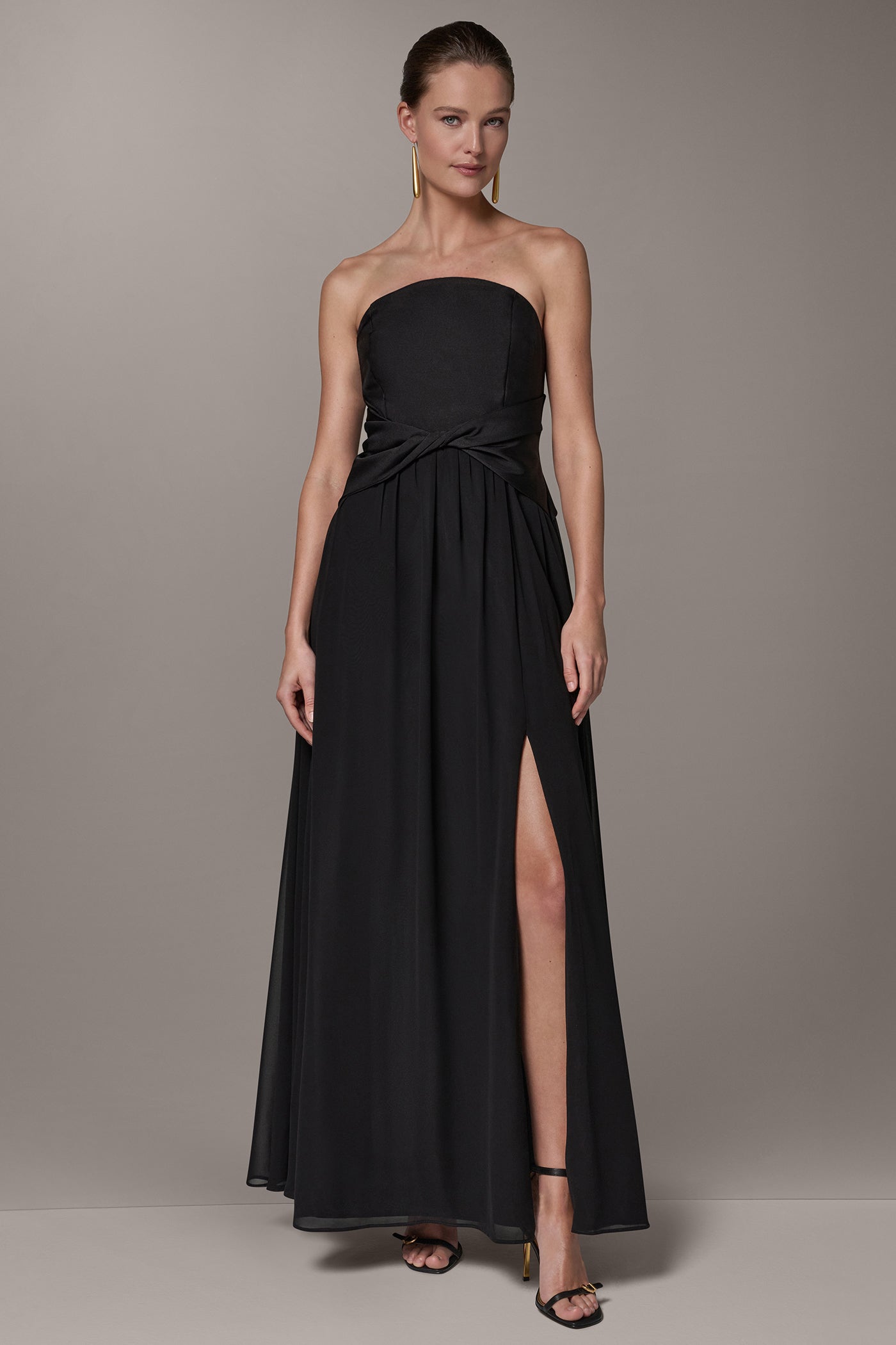MIKADO AND CHIFFON STRAPLESS TWIST GOWN